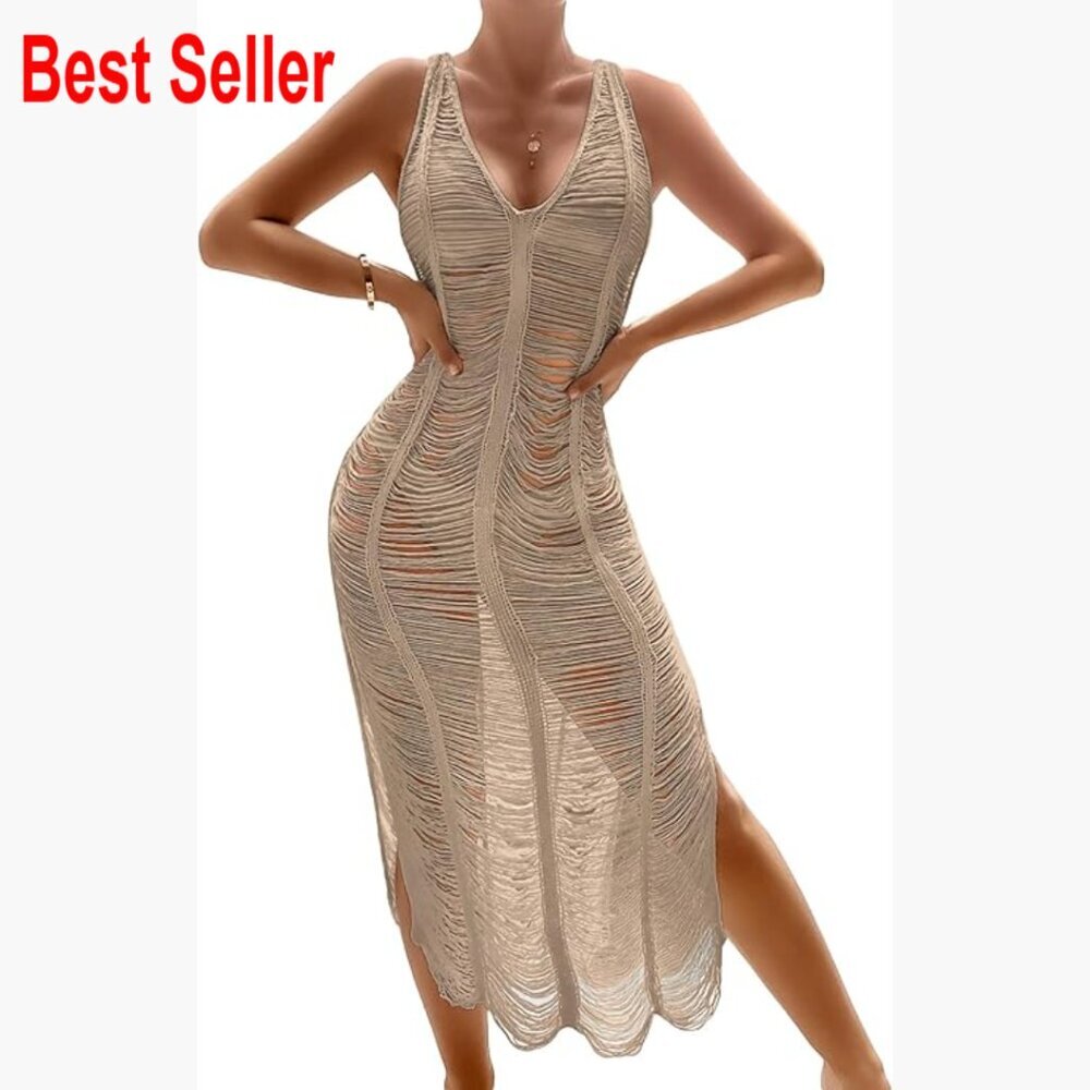 Crochet Hollow Out Swimsuit Cover Up Deep V Neck Sleeveless Midi Dress